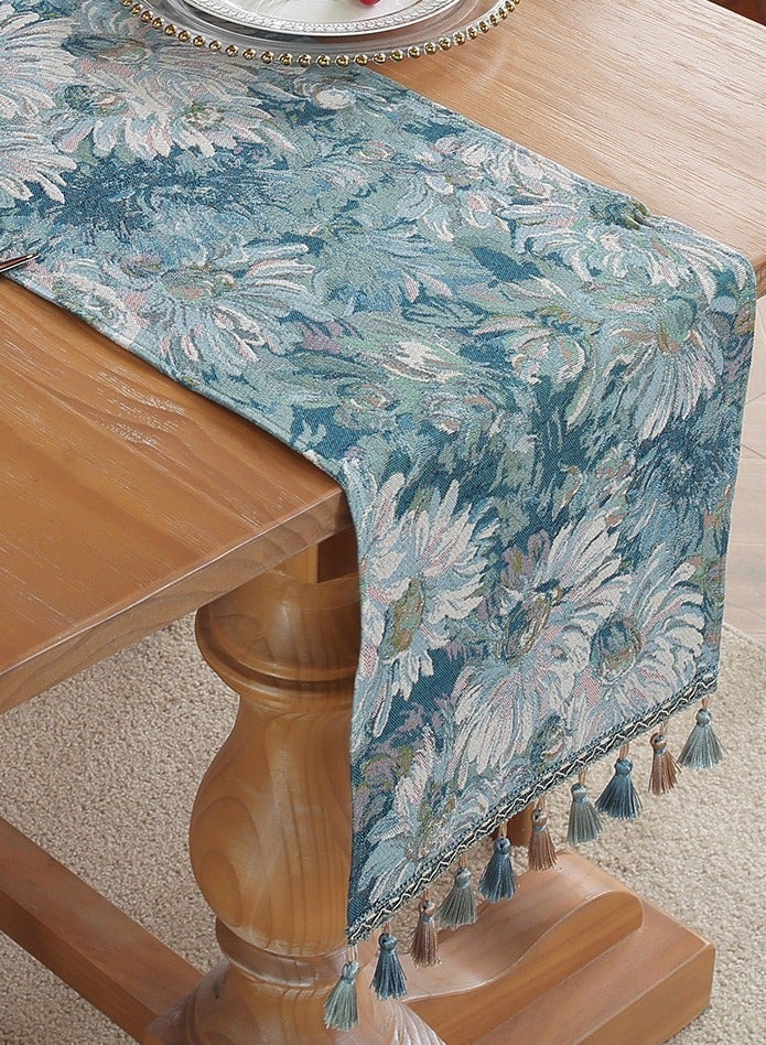 مفرش طاولة بوهيمي مزين بالزهور مع شرابات زرقاء - جاكار عتيق، طوله 30 × 183 سم، مناسب لتزيين غرف الطعام، وحفلات الزفاف، والحفلات، والديكورات الريفية والساحلية. - Image 1